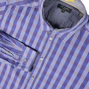 Ted Baker London Shirt Men UK 5 US XL Blue Buffalo Check Flip Cuff Long Sleeve